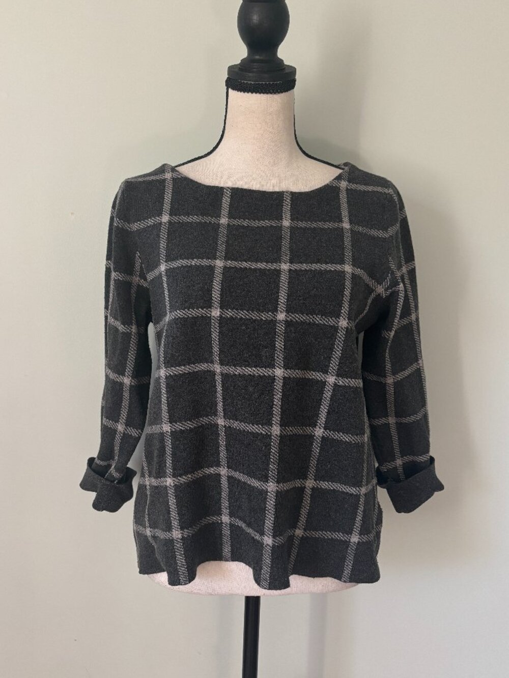 Cynthia Rowley Charcoal Windowpane Plaid Boatneck Sweater — Size L Like New